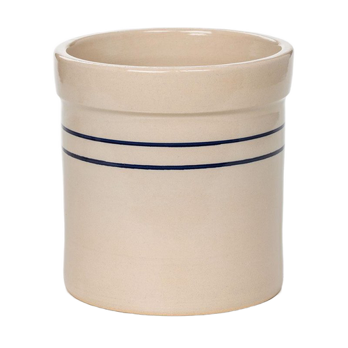 Handcrafted stoneware crock with double blue stripes, made in USA, ideal for kitchen use, food preservation, fermenting and pickling, featured in Best Sellers and Promo Eligible collections.