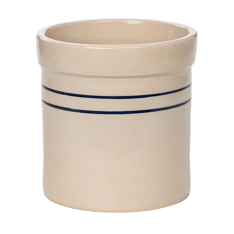 Handcrafted stoneware crock with double blue stripes, made in USA, ideal for kitchen use, food preservation, fermenting and pickling, featured in Best Sellers and Promo Eligible collections.