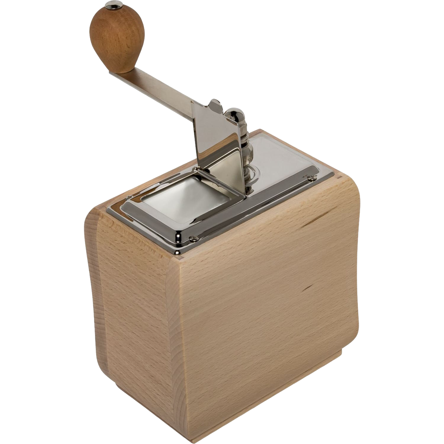 Handcrafted wooden coffee mill with a polished metal top and wooden crank handle, designed for fine to coarse grinding, ideal for Farm, Garden & Tool and Kitchen & Food collections.