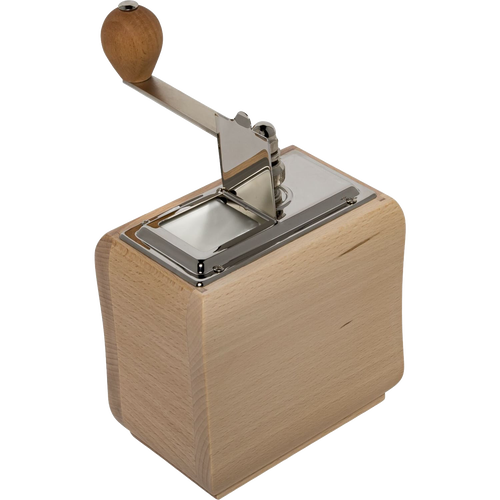Handcrafted wooden coffee mill with a polished metal top and wooden crank handle, designed for fine to coarse grinding, ideal for Farm, Garden & Tool and Kitchen & Food collections.