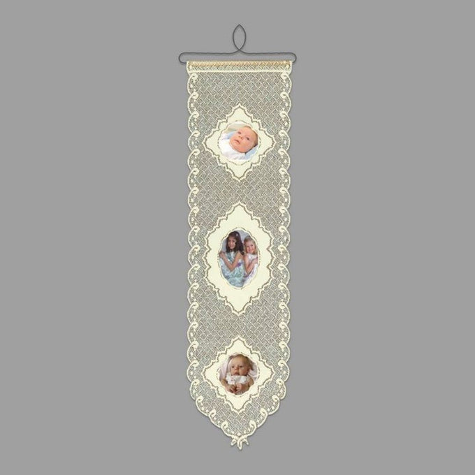 Cream polyester lace wall banner with vintage-style scalloped edges and three photo openings, suspended by a wood and wire hanger, handcrafted in the USA, ideal for Home & Decor collections.