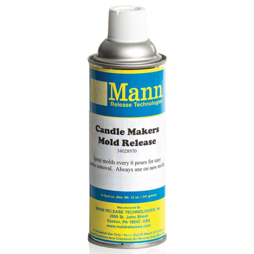 A spray can of mold release agent designed for candle makers, with clear labeling and USA-made quality, used to ease candle removal from various mold materials.