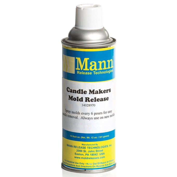A spray can of mold release agent designed for candle makers, with clear labeling and USA-made quality, used to ease candle removal from various mold materials.
