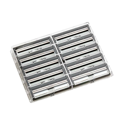 Clear plastic case containing ten double track lubricating strips replacement blades for safety razors, USA made, featured in Health & Wellness, Grooming and Personal Hygiene, USA Made, Best Sellers, and Promo Eligible collections.