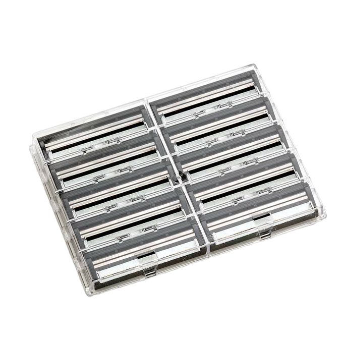 Clear plastic case containing ten double track lubricating strips replacement blades for safety razors, USA made, featured in Health & Wellness, Grooming and Personal Hygiene, USA Made, Best Sellers, and Promo Eligible collections.
