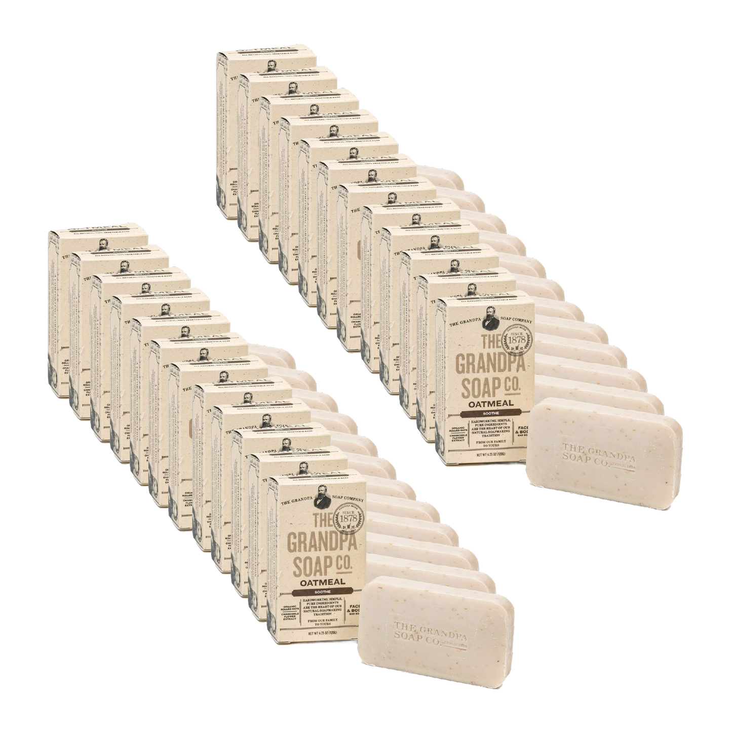 Two rows of handcrafted oatmeal soap bars with natural texture, made in USA, featured in Health & Wellness, Grooming and Personal Hygiene, Soaps, Soaps and Soapmaking, Best Sellers, and Promo Eligible collections.