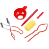 Set of five handcrafted durable plastic canning tools in red and yellow, including funnel, jar lifter, wrench, and sponge brush, designed for food preservation and kitchen use.