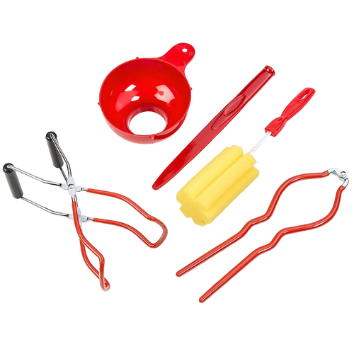 Set of five handcrafted durable plastic canning tools in red and yellow, including funnel, jar lifter, wrench, and sponge brush, designed for food preservation and kitchen use.