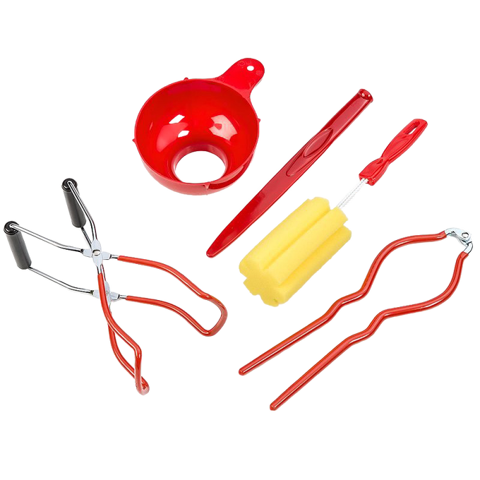 Set of five handcrafted durable plastic canning tools in red and yellow, including funnel, jar lifter, wrench, and sponge brush, designed for food preservation and kitchen use.