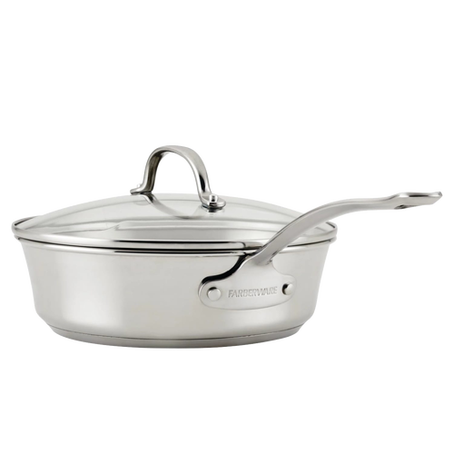 Stainless steel sauté pan with glass lid and long handle, featuring fully encapsulated aluminum base for durability, ideal for Kitchen & Food cookware and pots and pans collections.