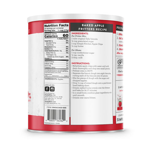 Side view of a ReadyWise dehydrated apple chips can featuring nutrition facts, ingredient list, and a baked apple fritters recipe, highlighting a USA made product in emergency supplies and snacks collections.