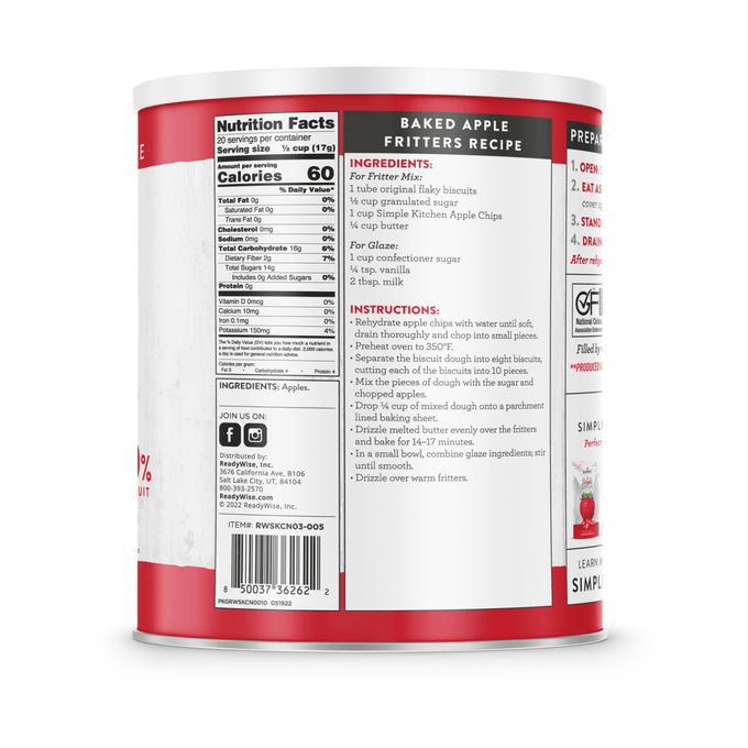 Side view of a ReadyWise dehydrated apple chips can featuring nutrition facts, ingredient list, and a baked apple fritters recipe, highlighting a USA made product in emergency supplies and snacks collections.