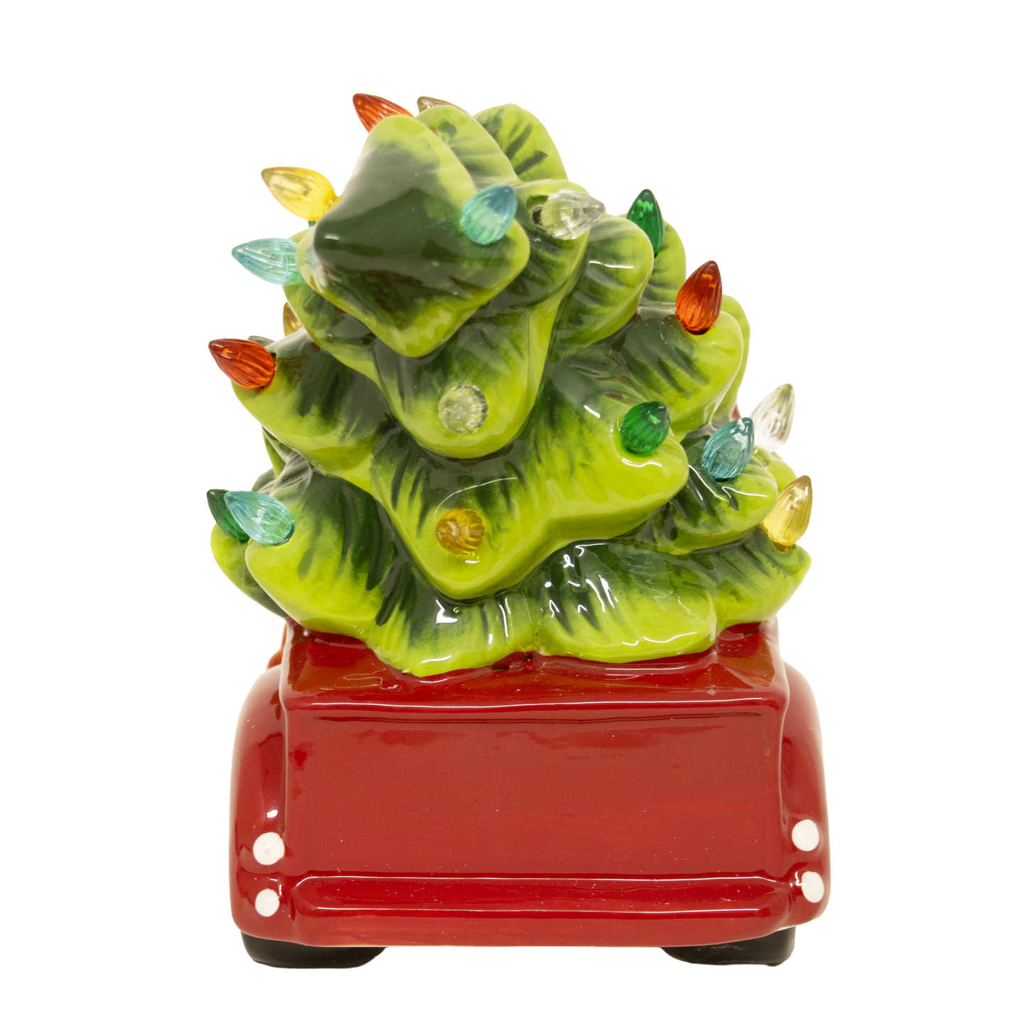 Handcrafted dolomite red truck carrying a vibrant green Christmas tree decorated with colorful LED lights, battery operated, perfect for Home & Decor, Holiday Decor, Best Sellers, and Promo Eligible collections.
