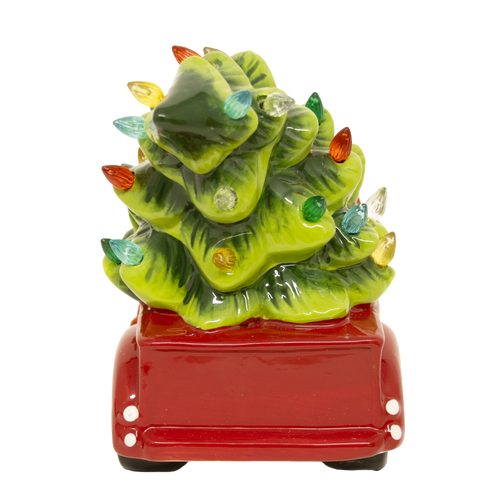 Handcrafted dolomite red truck carrying a vibrant green Christmas tree decorated with colorful LED lights, battery operated, perfect for Home & Decor, Holiday Decor, Best Sellers, and Promo Eligible collections.