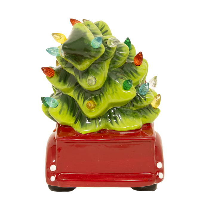 Handcrafted dolomite red truck carrying a vibrant green Christmas tree decorated with colorful LED lights, battery operated, perfect for Home & Decor, Holiday Decor, Best Sellers, and Promo Eligible collections.