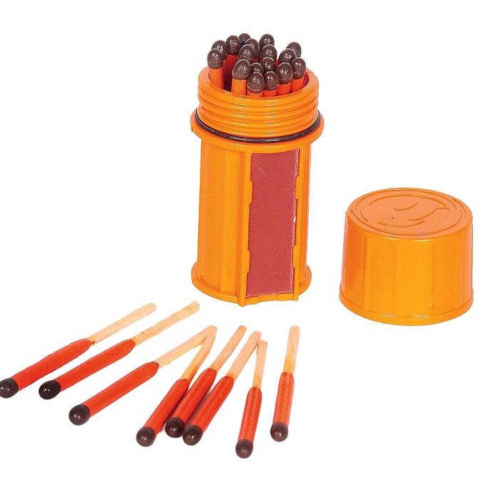 Compact waterproof orange container filled with stormproof matches featuring long burn time and multiple strikers, ideal for camping, emergency supplies, and farm tool kits.