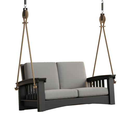 Handcrafted Amish made 6 ft porch swing in durable black painted cypress with light gray cushions and sturdy rope suspension, part of Home & Decor, Outdoor Furniture, USA Made, Amish Made, and Best Sellers collections.