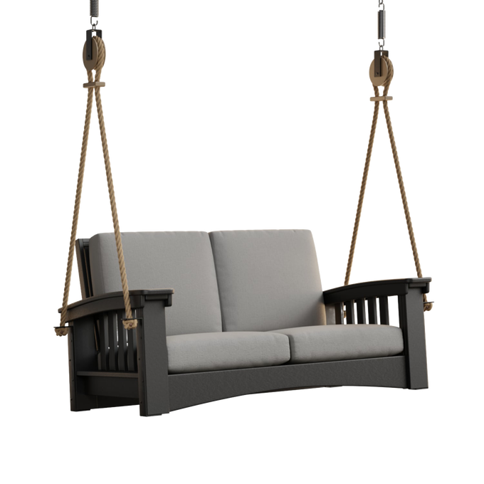 Handcrafted Amish made 6 ft porch swing in durable black painted cypress with light gray cushions and sturdy rope suspension, part of Home & Decor, Outdoor Furniture, USA Made, Amish Made, and Best Sellers collections.