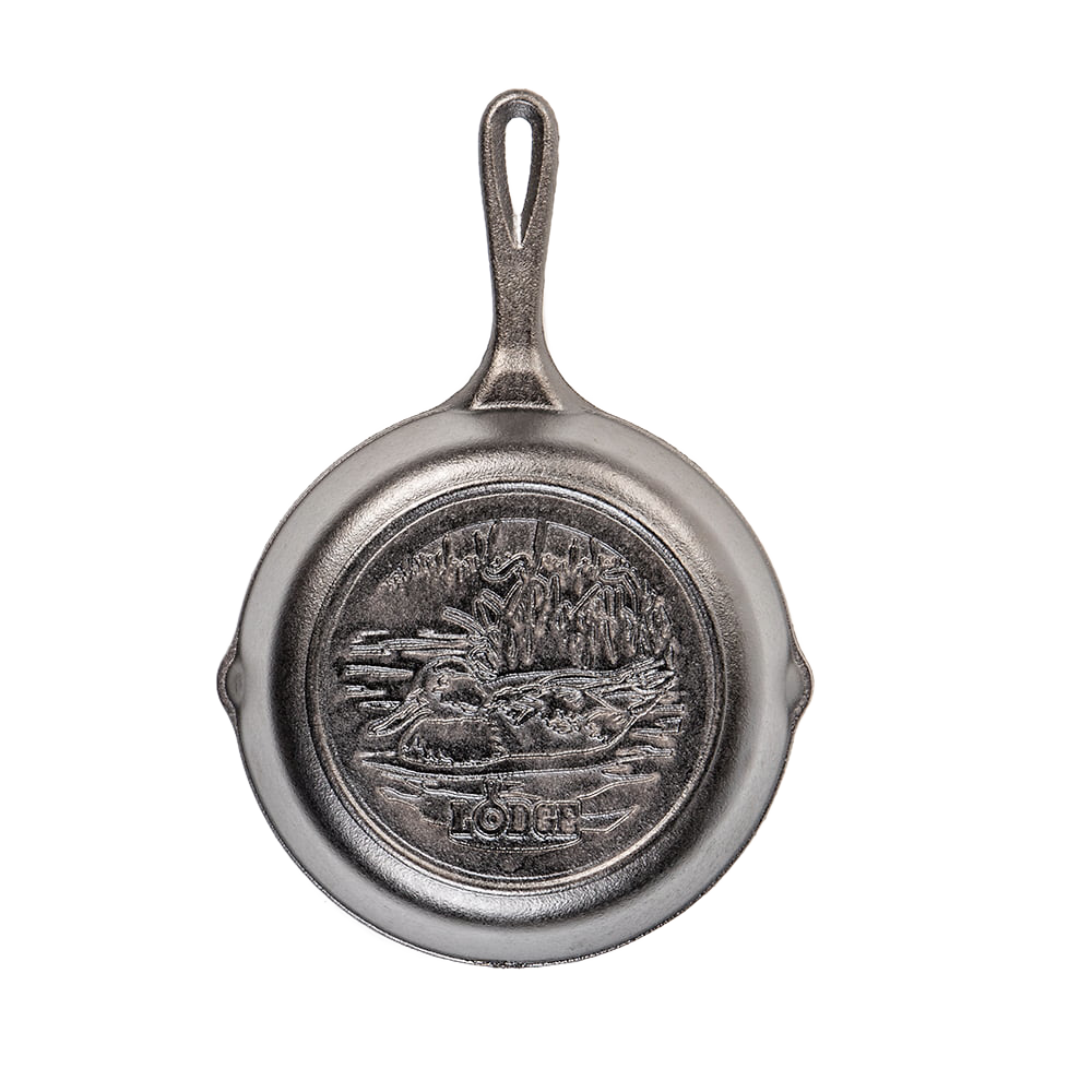 Cast iron skillet featuring a detailed Mallard duck design in the center, crafted from heavy cast iron, part of Kitchen & Food, Cookware, Cast Iron, USA Made, Best Sellers, and Promo Eligible collections.