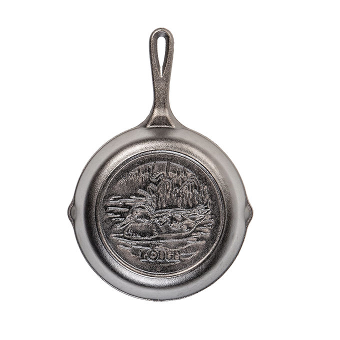 Cast iron skillet featuring a detailed Mallard duck design in the center, crafted from heavy cast iron, part of Kitchen & Food, Cookware, Cast Iron, USA Made, Best Sellers, and Promo Eligible collections.