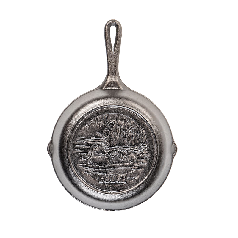 Cast iron skillet featuring a detailed Mallard duck design in the center, crafted from heavy cast iron, part of Kitchen & Food, Cookware, Cast Iron, USA Made, Best Sellers, and Promo Eligible collections.