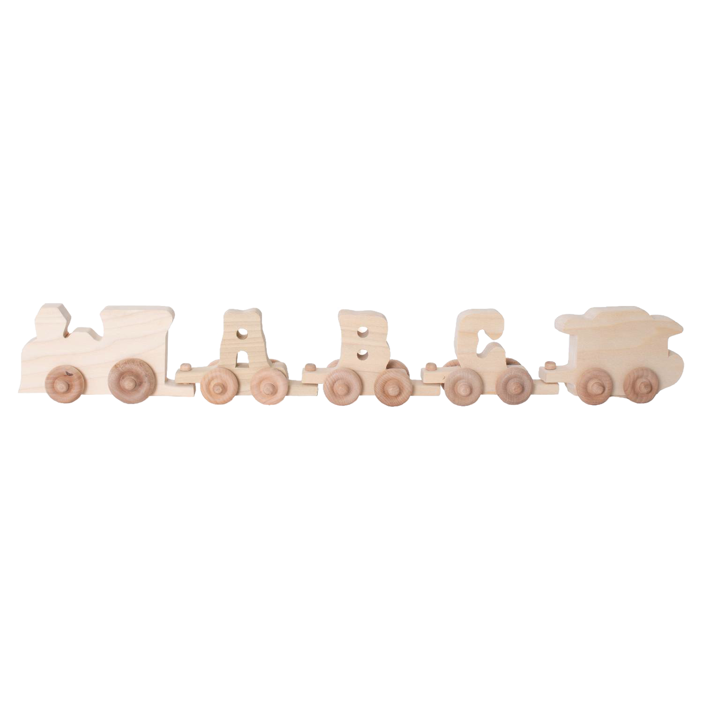 Natural wood letter train with five handcrafted cars featuring customizable alphabet letters, Amish made in the USA, ideal for indoor play and part of wooden toys, children's toys, and USA Made collections.