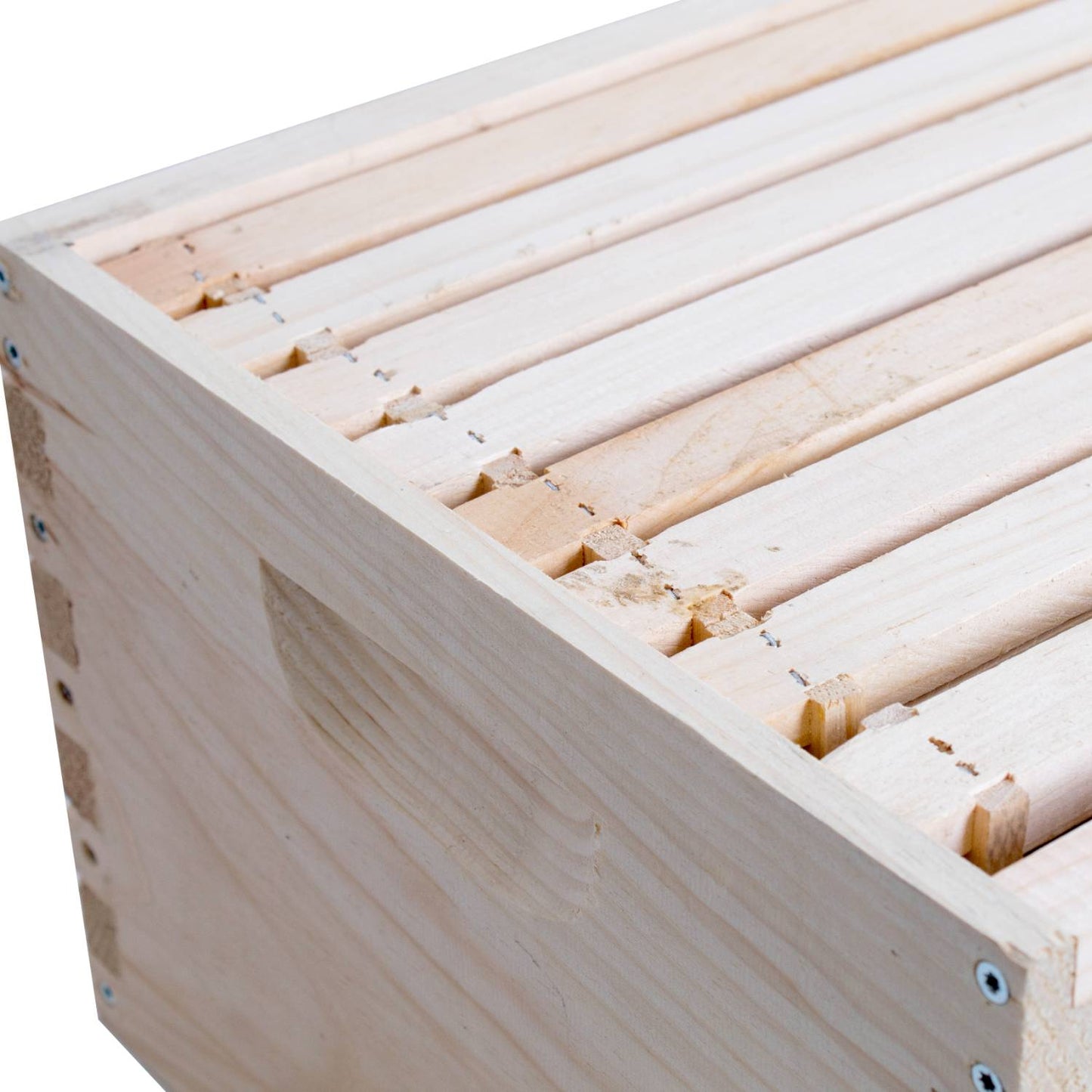Close-up of a handcrafted Amish made wooden bee box with 8 deep frames, designed for beekeeping supplies and farm, garden, and tool use in the USA.