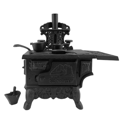 Handcrafted miniature cast iron cook stove with detailed removable pots, skillet, working oven doors, and coal hod, designed for Toys, Indoor Play, Children's Toys, and Best Sellers collections.