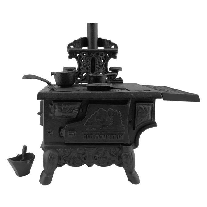 Handcrafted miniature cast iron cook stove with detailed removable pots, skillet, working oven doors, and coal hod, designed for Toys, Indoor Play, Children's Toys, and Best Sellers collections.