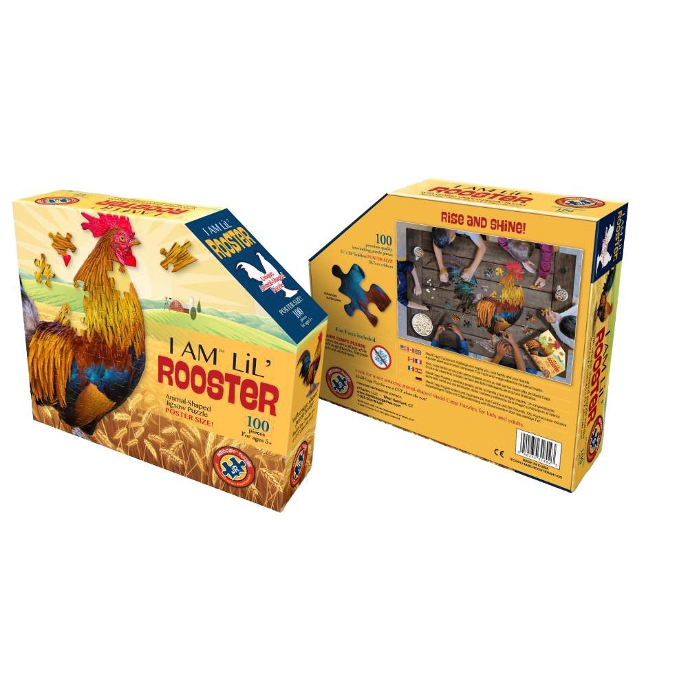 Colorful packaging of a uniquely shaped 100-piece rooster puzzle designed for children, featuring large pieces and educational fun facts, ideal for toys, games, and puzzles collections.