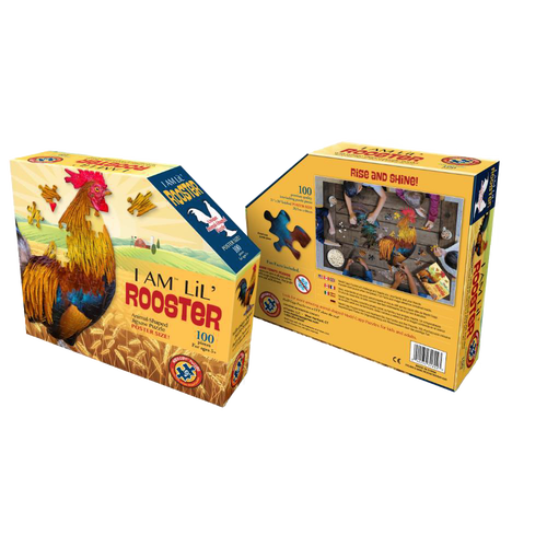Colorful packaging of a uniquely shaped 100-piece rooster puzzle designed for children, featuring large pieces and educational fun facts, ideal for toys, games, and puzzles collections.