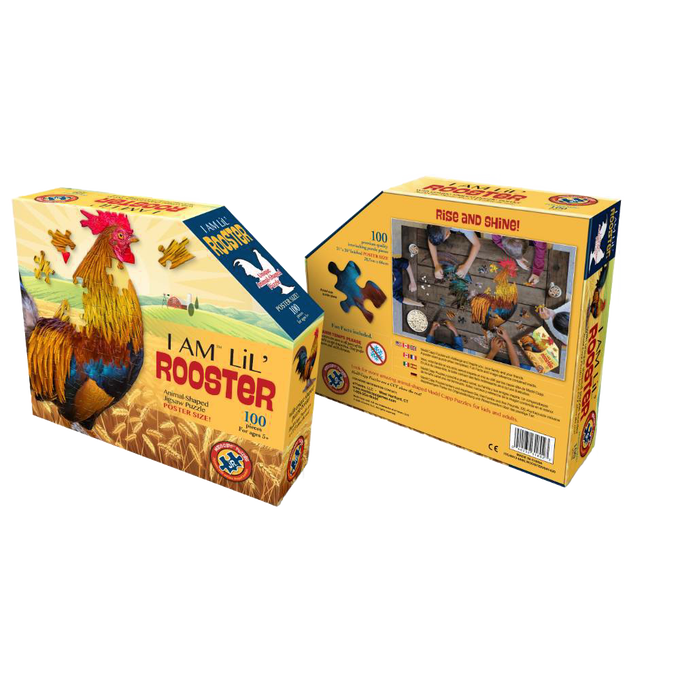 Colorful packaging of a uniquely shaped 100-piece rooster puzzle designed for children, featuring large pieces and educational fun facts, ideal for toys, games, and puzzles collections.
