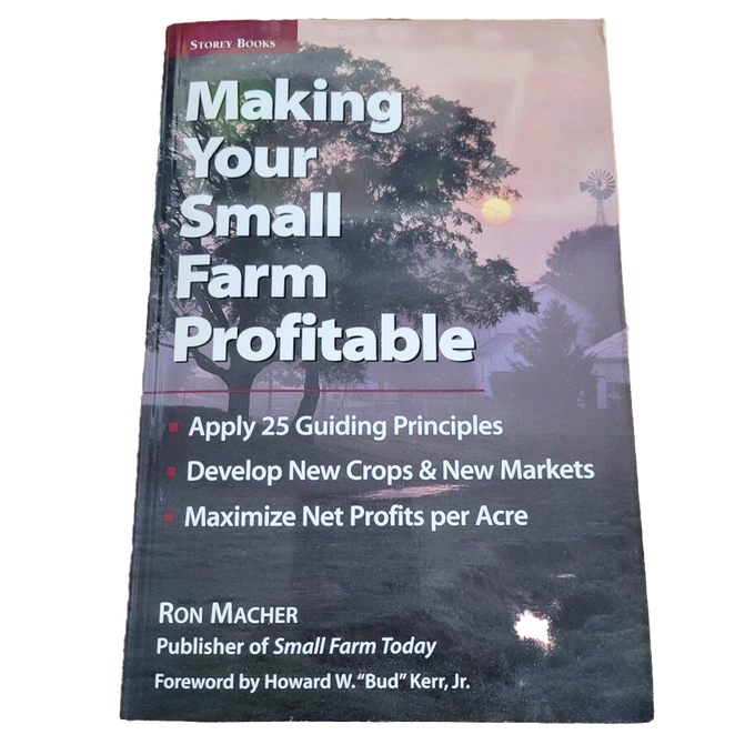 Book cover featuring a twilight farm scene with trees, a windmill, and a farmhouse, titled "Making Your Small Farm Profitable," part of Toys, Books & Games, Books, Farm and Livestock Books, Best Sellers, and Promo Eligible collections.