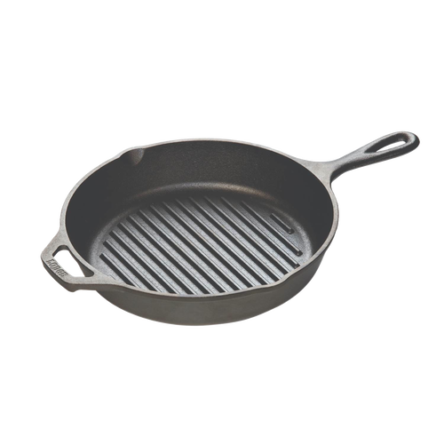 Handcrafted cast iron grill pan with raised grilling ribs and assist handle, pre-seasoned with natural vegetable oil, designed for Kitchen & Food, Cookware, Cast Iron, USA Made, Best Sellers, and Promo Eligible collections.