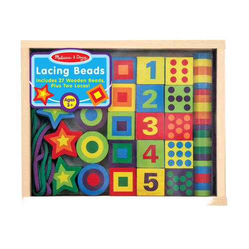 Colorful handcrafted wooden lacing beads in various shapes and numbers, with two laces, designed to enhance fine motor skills in children's indoor play and wooden toys collections.