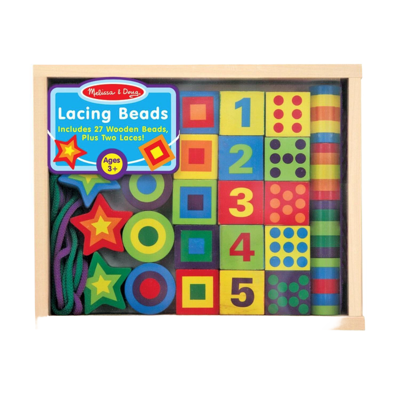 Colorful handcrafted wooden lacing beads in various shapes and numbers, with two laces, designed to enhance fine motor skills in children's indoor play and wooden toys collections.