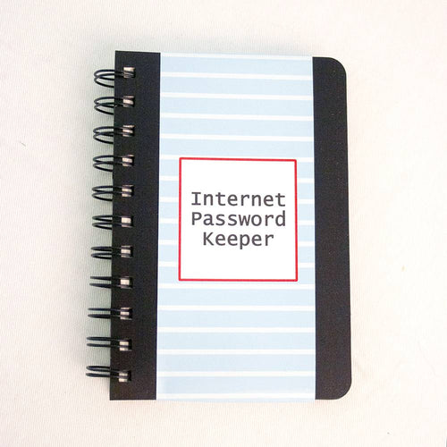 Spiral-bound logbook with a black spine and striped blue cover marked for internet passwords, perfect for organizing login details in Home & Decor and Household Helpers collections.