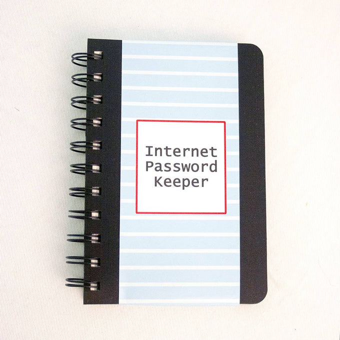 Spiral-bound logbook with a black spine and striped blue cover marked for internet passwords, perfect for organizing login details in Home & Decor and Household Helpers collections.
