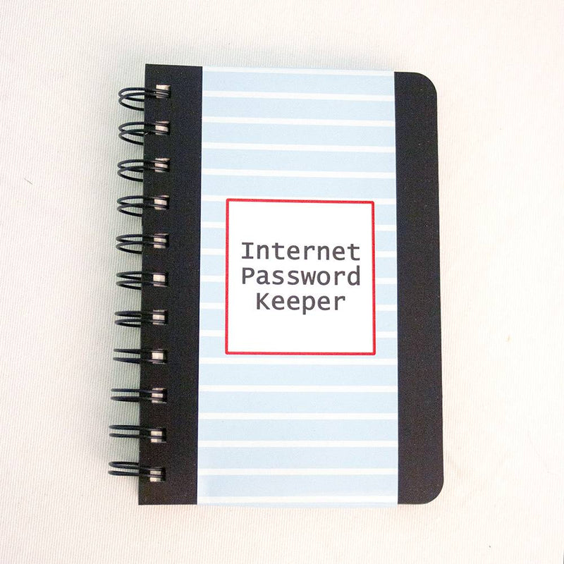 Spiral-bound logbook with a black spine and striped blue cover marked for internet passwords, perfect for organizing login details in Home & Decor and Household Helpers collections.