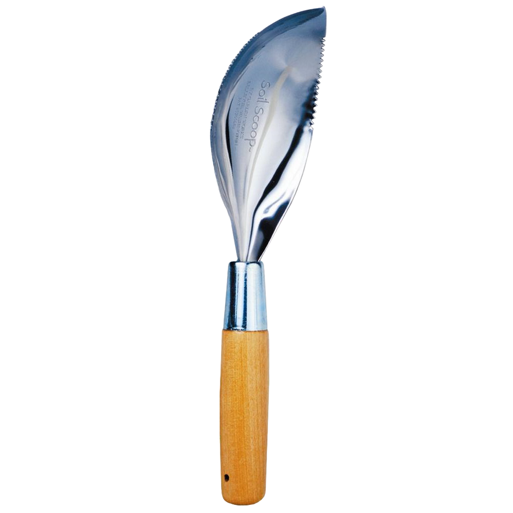 Handcrafted soil scoop with ergonomic wooden handle and polished metal scoop, designed in the USA for efficient digging and cultivating in Farm, Garden & Tool and Garden Accessories collections.