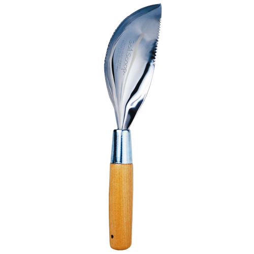Handcrafted soil scoop with ergonomic wooden handle and polished metal scoop, designed in the USA for efficient digging and cultivating in Farm, Garden & Tool and Garden Accessories collections.