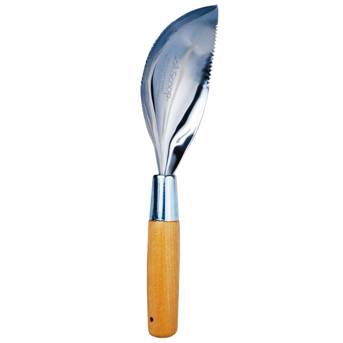 Handcrafted soil scoop with ergonomic wooden handle and polished metal scoop, designed in the USA for efficient digging and cultivating in Farm, Garden & Tool and Garden Accessories collections.