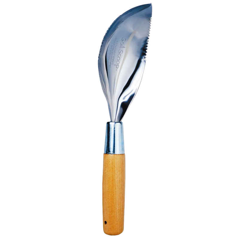 Handcrafted soil scoop with ergonomic wooden handle and polished metal scoop, designed in the USA for efficient digging and cultivating in Farm, Garden & Tool and Garden Accessories collections.