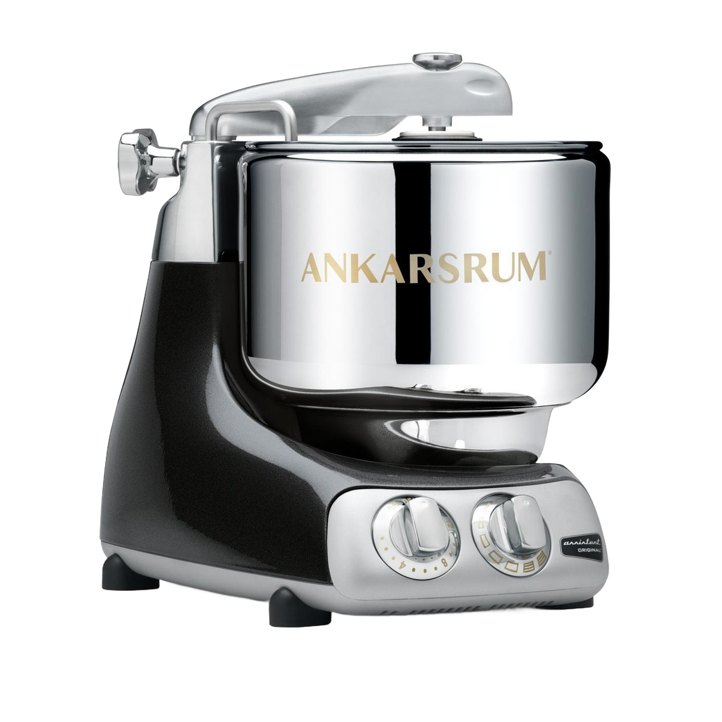 Black and silver stand mixer with large stainless steel mixing bowl and dual control dials, designed for heavy dough and baking tasks; ideal for Kitchen & Food, Baking Supplies, Cookware, and Kitchen Gadgets collections.