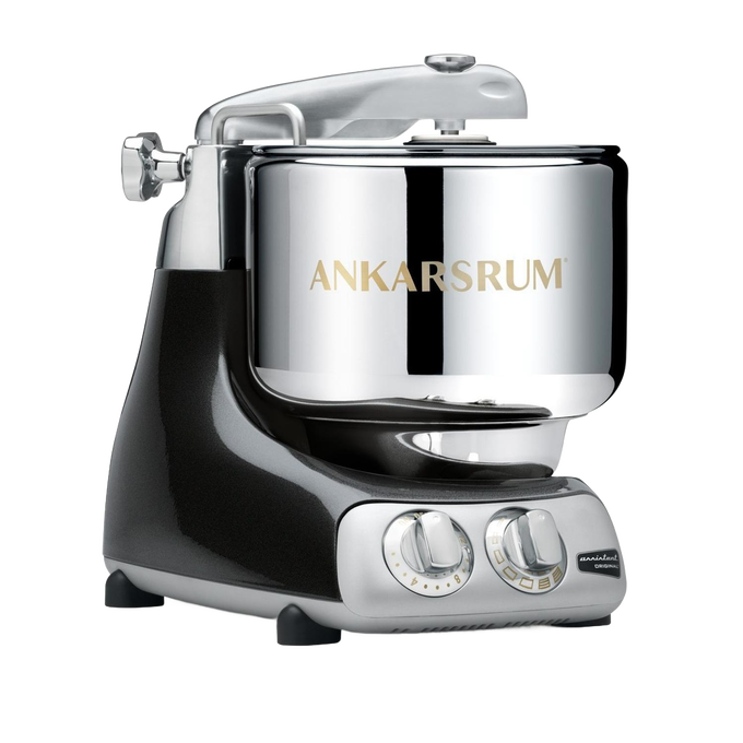 Black and silver stand mixer with large stainless steel mixing bowl and dual control dials, designed for heavy dough and baking tasks; ideal for Kitchen & Food, Baking Supplies, Cookware, and Kitchen Gadgets collections.