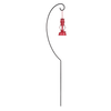 Black metal lantern holder with a curved top hook suspending a red lantern, handcrafted for outdoor use, ideal for camping, lamps and lighting, emergency supplies, and barn collections.