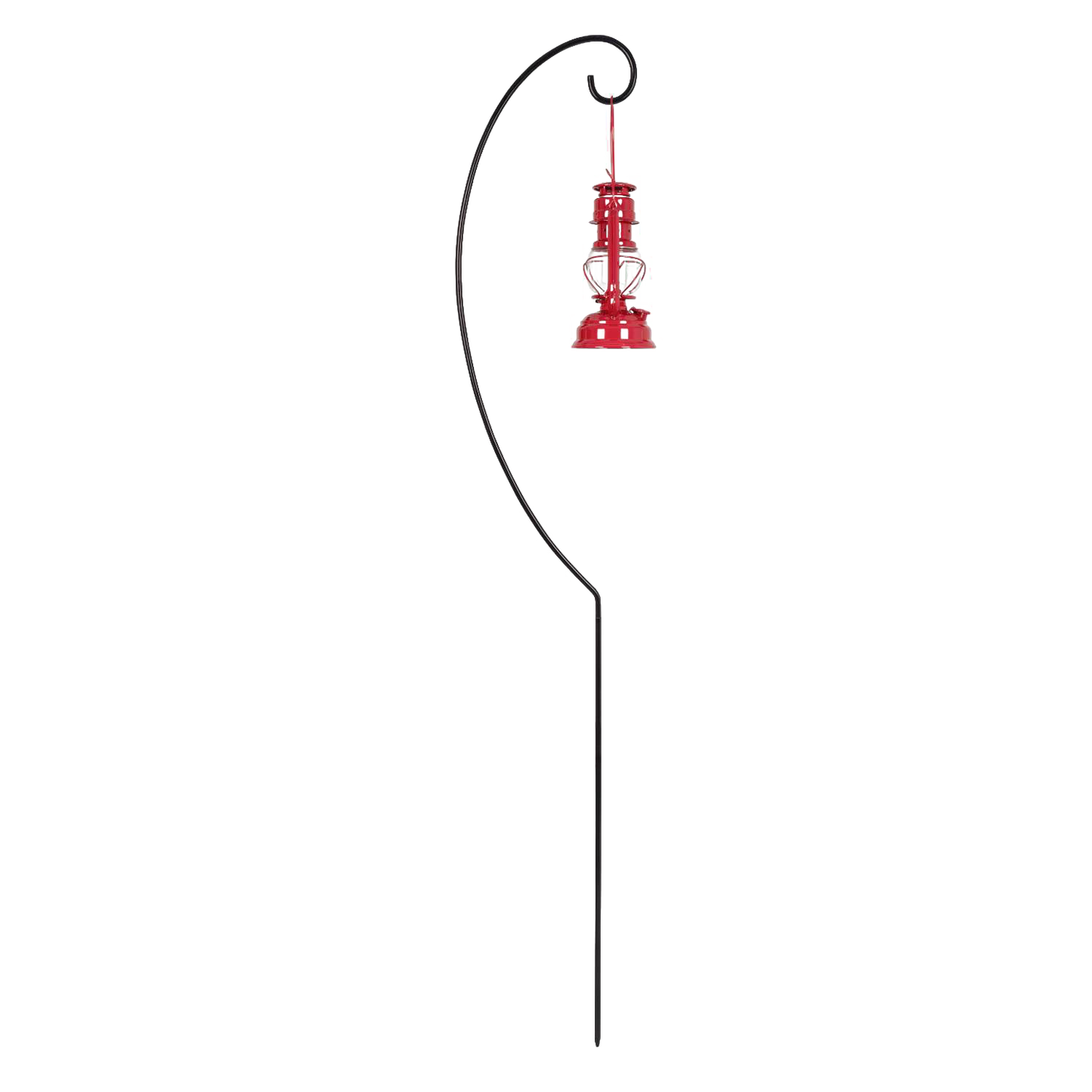 Black metal lantern holder with a curved top hook suspending a red lantern, handcrafted for outdoor use, ideal for camping, lamps and lighting, emergency supplies, and barn collections.