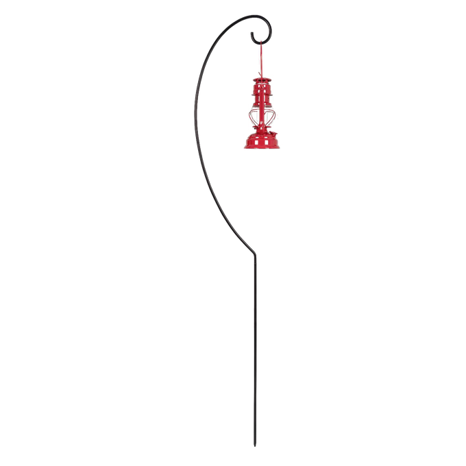 Black metal lantern holder with a curved top hook suspending a red lantern, handcrafted for outdoor use, ideal for camping, lamps and lighting, emergency supplies, and barn collections.