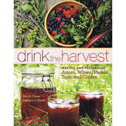 Book cover featuring fresh garden herbs and berries in a wooden bowl above jars of preserved beverages, showcasing recipes for homemade juices and fermented drinks, ideal for Toys, Books & Games and Canning and Preserving Books collections.