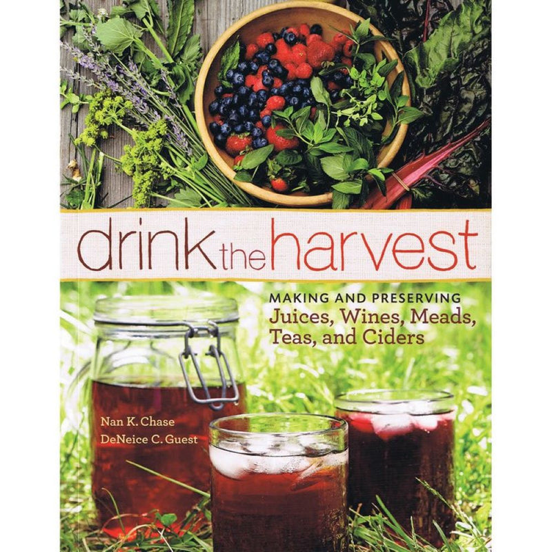 Book cover featuring fresh garden herbs and berries in a wooden bowl above jars of preserved beverages, showcasing recipes for homemade juices and fermented drinks, ideal for Toys, Books & Games and Canning and Preserving Books collections.